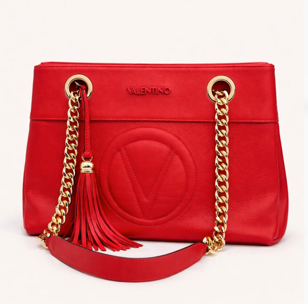 VALENTINO Mario Valentino Kali Leather Logo Bag Gold Chain Tassel Poppy Red $895
